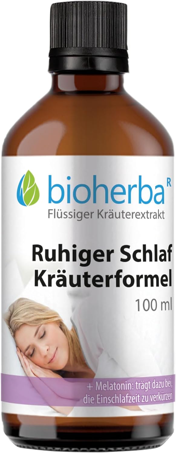 Melatonin Hochdosiert Tropfen mit Baldrian Ruhiger Schlaf Kräuterformel 100 ml Tinktur mit Johanniskraut & Passionsblume wie Einschlafspray in Tropfenform Natürliche Unterstützung, vegan, BIOHERBA