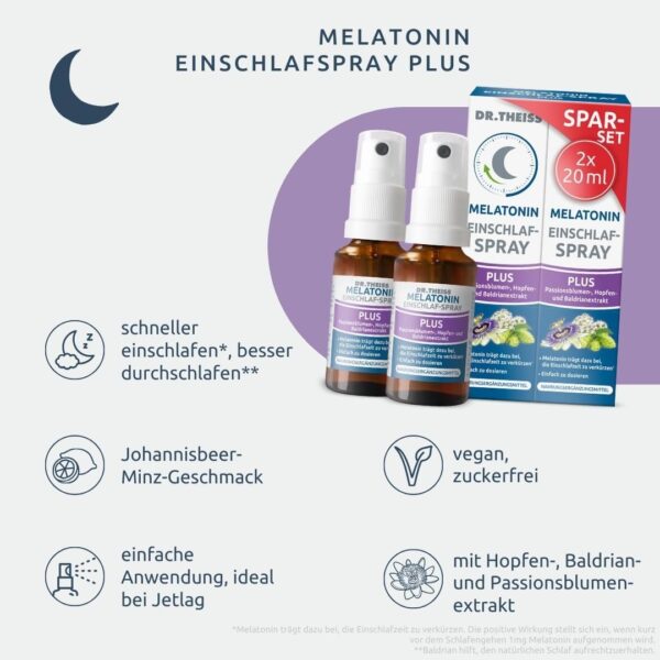 Dr. Theiss Melatonin Einschlaf-Spray PLUS Spar-Set 2x 20 ml, schneller Einschlafen und dabei sparen, Durchschlafen mit Passionsblumen und Baldrianextrakt, für ca. 2 Monate – Bild 3