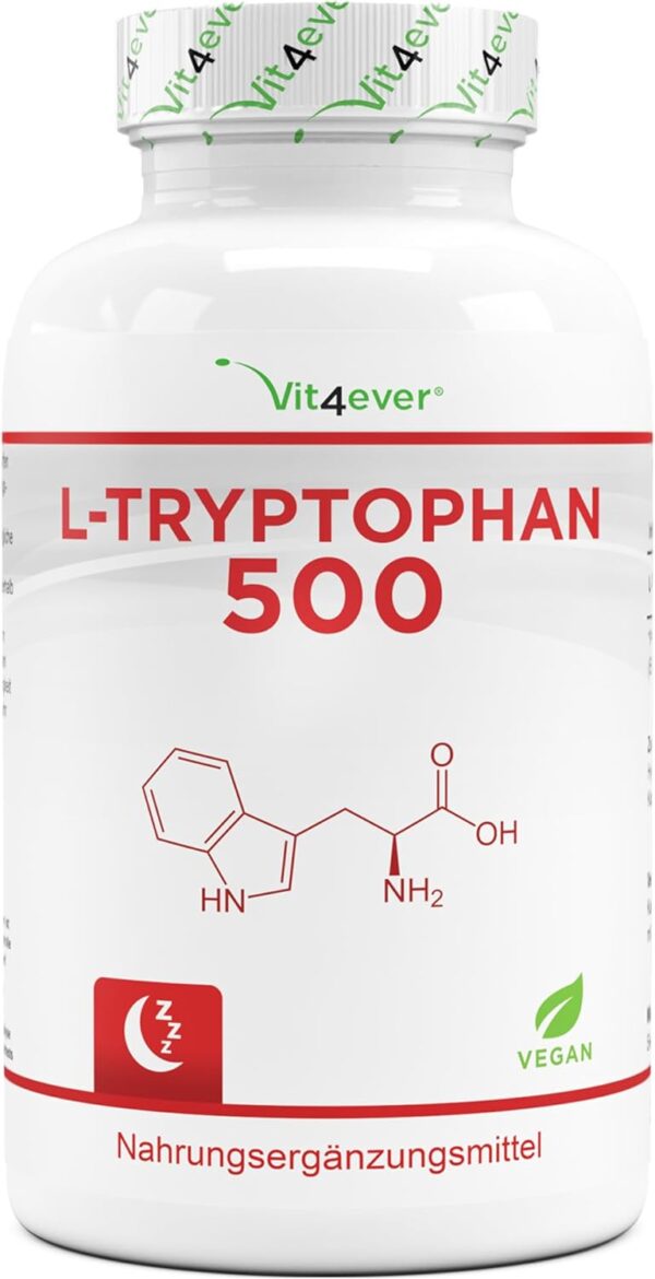 L-Tryptophan 500 mg - 240 vegane Kapseln - Aus pflanzlicher Fermentation - 8 Monate Reichweite - Ohne Zusätze - Vegan
