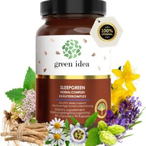 Green idea - SLEEPGREEN Schlaftabletten Besser einschlafen – Ashwagandha, Johanniskraut, L-Tryptophan, Baldrian, Hopfen – kein Melatonin – Beruhigungsmittel Mensch - Einschlafhilfe Erwachsene 90 kaps