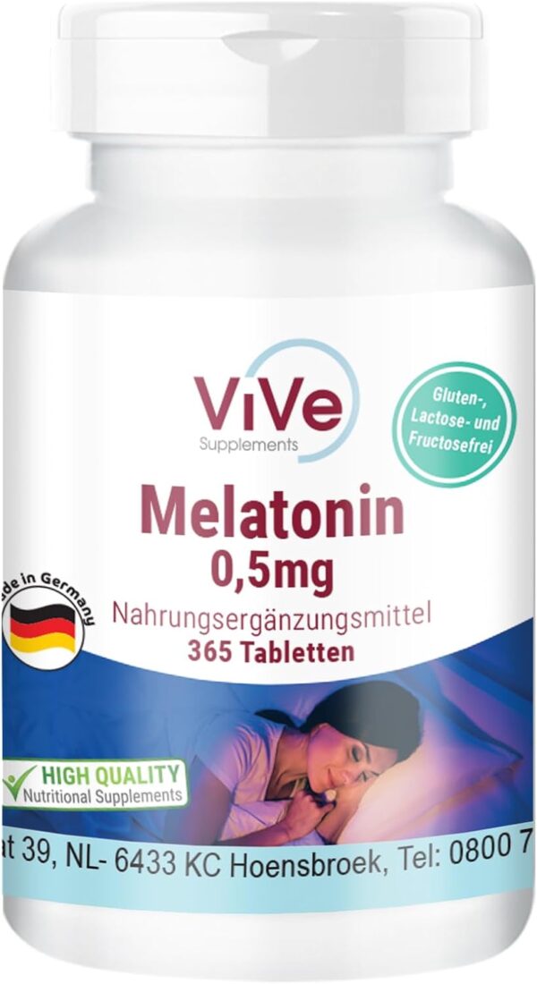 Melatonin - 365 Tabletten - 0,5mg Melatonin pro Tablette - Hochdosiert - Bioverfügbar - Qualität aus Deutschland - ViVe Supplements