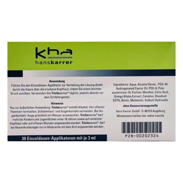 Hans Karrer Trichosense Lösung, 30x 3 ml I Pflege bei erhöhtem Haarverlust für Frauen und Männer I Haarausfall I dünnes Haar I gesunde Haare I Melatonin I Biotin I Spar-Set plus Pharma Perle (1x) – Bild 3