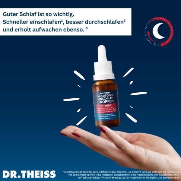 Dr. Theiss Melatonin Einschlaf-Tropfen Intensiv – für schnelleres Einschlafen | 20ml | Hilfe bei Ein- und Durchschlafproblemen | Mit Melatonin, Passionsblume, Ashwaganda & Baldrianwurzel-Extrakt – Bild 8