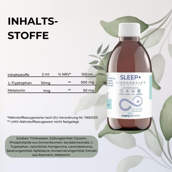 Mighty Elements liposomales Sleep+ 2 in1,Melatonin mit L-Tryptophan - verkürzte Einschlafzeit ​- vegan, Laktosefrei, hohe Bioverfügbarkeit, Vorrat für mehrere Monate, 100ml – Bild 2