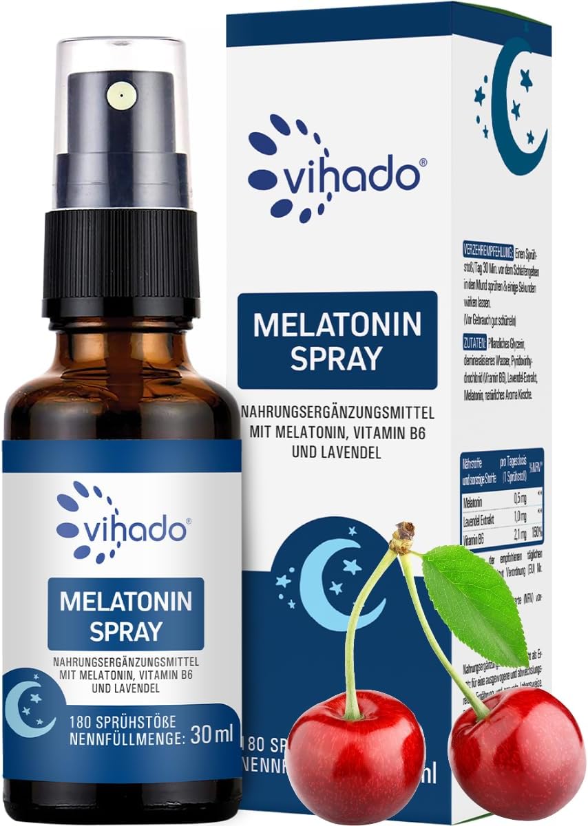 Vihado Melatonin Spray - Premium: Bis zu 5-fach höher dosiert - 180 Tage Vorrat - Melatonin Spray hochdosiert mit Lavendel ohne Alkohol - vegan, 30 ml