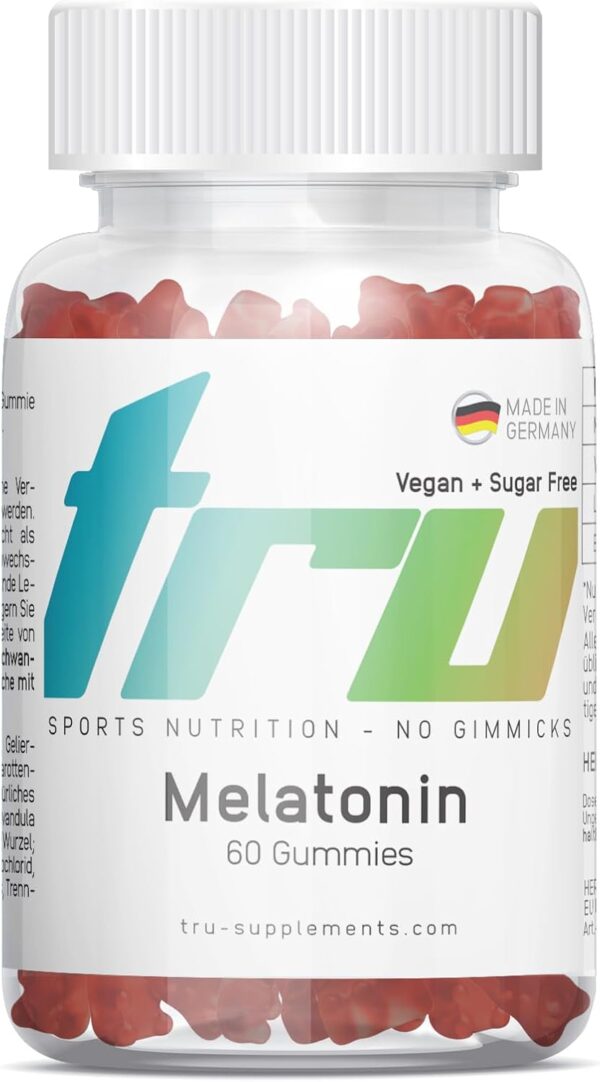 TRU Sports Nutrition | Melatonin Gummies - 60 Stück - 0,5mg bioaktives Melatonin pro Gummie- mit Vitamin B6, Lavendel- und Baldrianextrakt - Hochdosiert - 100% Vegan + Zuckerfrei
