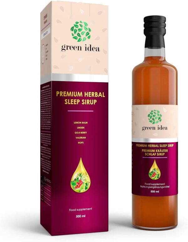 Green idea – SCHLAFMITTEL - KRÄUTER-SIRUP mit Baldrian, Hopfen, Goji Beeren - Einschlafhilfe ohne Alkohol, ohne Melatonin - ohne künstliche Zusätze VEGAN - 500 ml