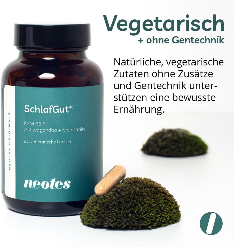 neotes SchlafGut - Ashwagandha + Melatonin 270 Kapseln Hochdosiert 400mg KSM-66™ | Mit Baldrian, GABA & Vitamin B6 | Stressabbau, Schlafverbesserung & Entspannung | Bioverfügbar & Ohne Zusätze – Bild 7