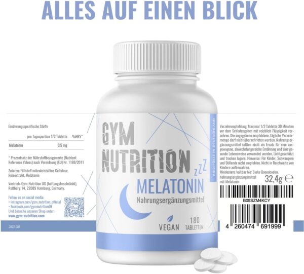 Melatonin - 180 Tabletten - 0,5 mg pro Tagesdosis - Made in Germany - Premium Qualität Vegan für 360 Nächte und eine Menge Schlaf – Bild 2