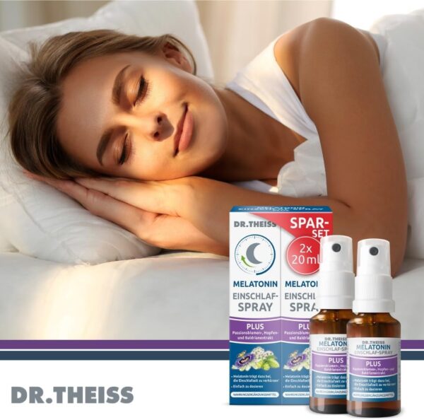 Dr. Theiss Melatonin Einschlaf-Spray PLUS Spar-Set 2x 20 ml, schneller Einschlafen und dabei sparen, Durchschlafen mit Passionsblumen und Baldrianextrakt, für ca. 2 Monate – Bild 2