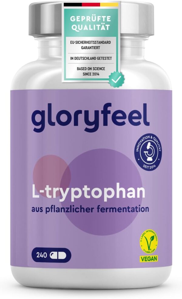 L Tryptophan hochdosiert - 500mg pro Kapsel - 240 vegane Kapseln (8 Monate) - Aus pflanzlicher Fermentation - Laborgeprüft, ohne Zusätze in Deutschland hergestellt