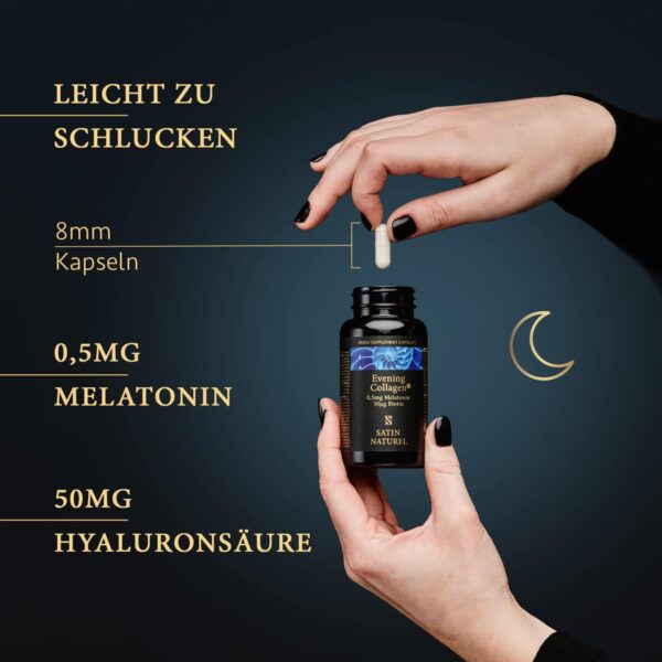 Melatonin + Hyaluron Kollagen Kapseln hochdosiert - 0,5mg Melatonin, 580mg Marine Collagen mit Magnesium, Chlorella und Biotin - 60 Beauty Kapseln - Ohne Zusatzstoffe, Made in Germany – Bild 3