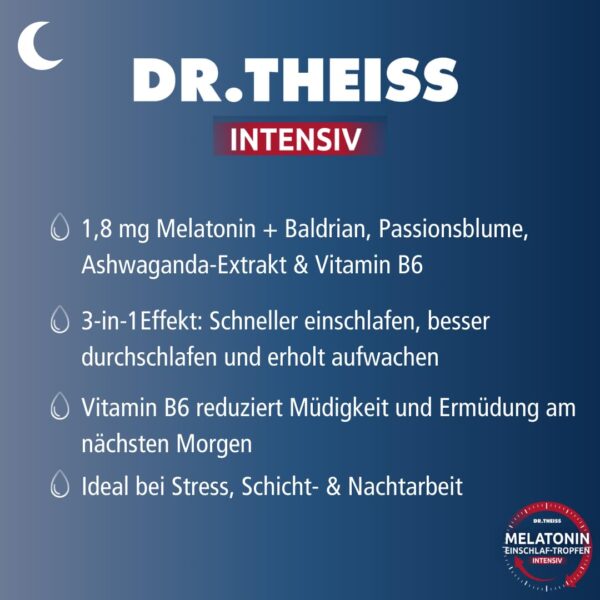 Dr. Theiss Melatonin Einschlaf-Tropfen Intensiv – für schnelleres Einschlafen | 20ml | Hilfe bei Ein- und Durchschlafproblemen | Mit Melatonin, Passionsblume, Ashwaganda & Baldrianwurzel-Extrakt – Bild 4