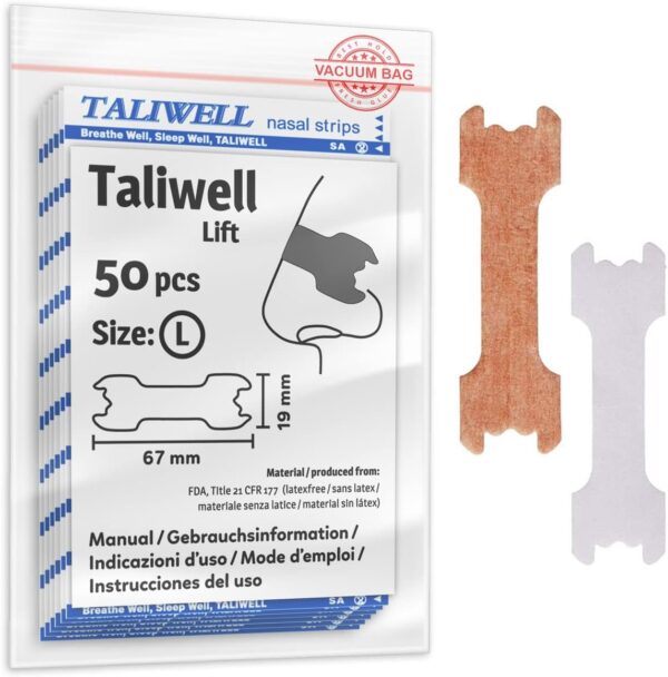 Taliwell Nasenpflaster 50 Stück L Large, Besser Atmen beim Schlafen, Sport, Schnupfen, Nasenstrips gegen Schnarchen, Anti-Schnarch-Pflaster Stopper