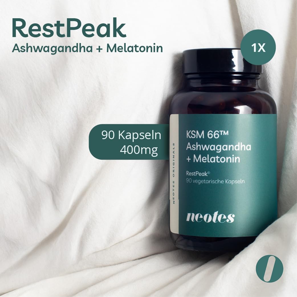 neotes RestPeak - Ashwagandha + Melatonin 90 Kapseln Hochdosiert 400mg KSM-66™ | Mit Baldrian, GABA & Vitamin B6 | Stressabbau, Schlafverbesserung & Entspannung | Bioverfügbar & Ohne Zusätze – Bild 2
