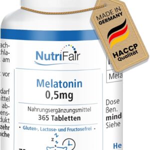 Melatonin 0,5mg - 365 Tabletten - Hochdosiert - 100% Vegan – Deutsche Produktion & Laborprüfung - NutriFair | Premium & Fair