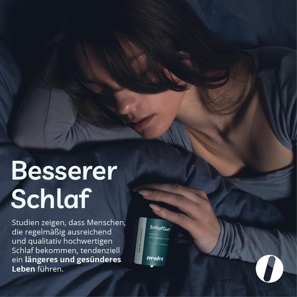 neotes SchlafGut - Ashwagandha + Melatonin 270 Kapseln Hochdosiert 400mg KSM-66™ | Mit Baldrian, GABA & Vitamin B6 | Stressabbau, Schlafverbesserung & Entspannung | Bioverfügbar & Ohne Zusätze – Bild 4