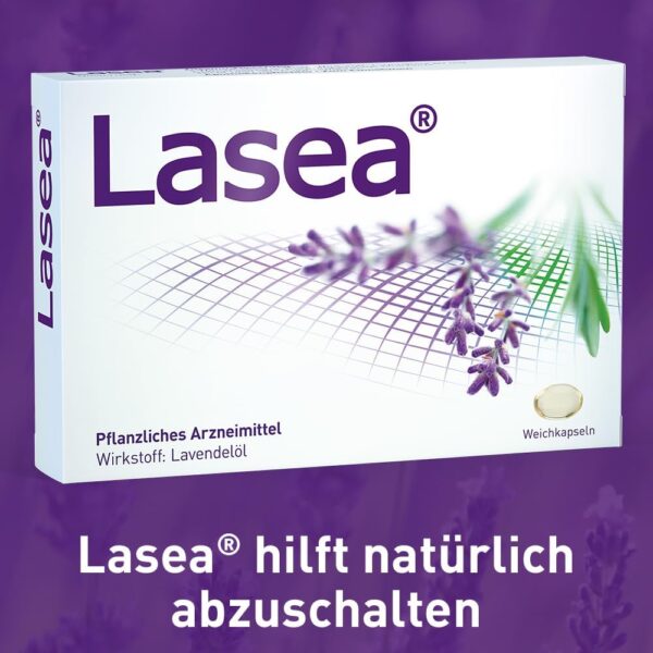 Lasea® hilft natürlich abzuschalten, beruhigt und bessert in Folge den Schlaf Pflanzliches Arzneimittel mit speziellem Lavendelöl | 56 Kapseln inkl. SANDAY DUSCHGEL Guten Morgen 100ml – Bild 2