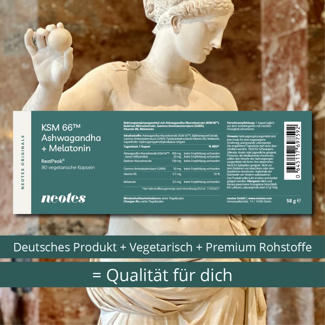 neotes RestPeak - Ashwagandha + Melatonin 90 Kapseln Hochdosiert 400mg KSM-66™ | Mit Baldrian, GABA & Vitamin B6 | Stressabbau, Schlafverbesserung & Entspannung | Bioverfügbar & Ohne Zusätze – Bild 9