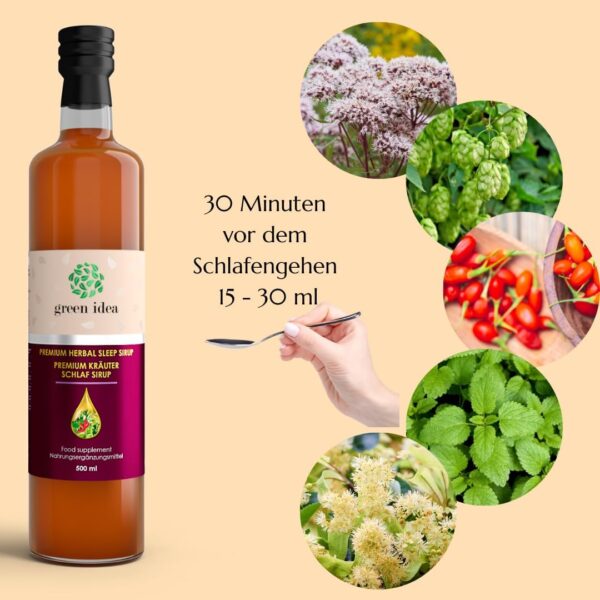 Green idea – SCHLAFMITTEL - KRÄUTER-SIRUP mit Baldrian, Hopfen, Goji Beeren - Einschlafhilfe ohne Alkohol, ohne Melatonin - ohne künstliche Zusätze VEGAN - 500 ml – Bild 8