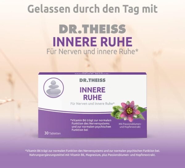Dr. Theiss Innere Ruhe 30 Tabletten, für Nerven und innere Ruhe, Beruhigung bei Stress und Hektik im Alltag, mit Magnesium, Passionsblumen- und Hopfenextrakt – Bild 4