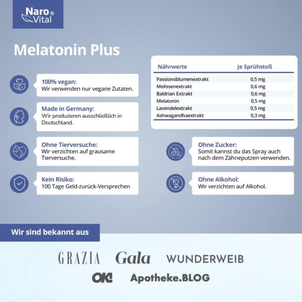 Melatonin Einschlafspray hochdosiert - natürliches Schlafhormon bei Jetlag - Ashwagandha, Passionsblume, Lavendel, Baldrian, Melisse - Alternative zu Tabletten - 30 ml - 0, 5mg Melatonin pro Sprühstoß – Bild 7