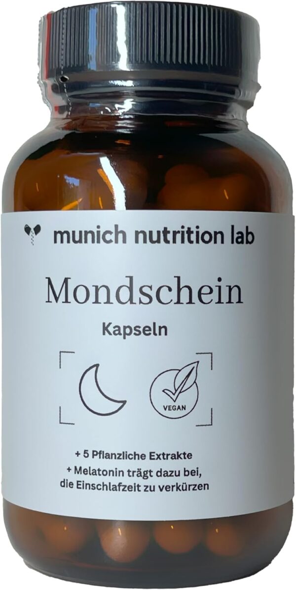 Mondschein Schlafkapseln mit 5 pflanzlichen Extrakten & Melatonin - Hochkonzentrierte Vegane Rezeptur mit Baldrian, Hopfen, Lavendel & mehr - Laborgeprüfte Qualität - 60 Kapseln für 2 Monate