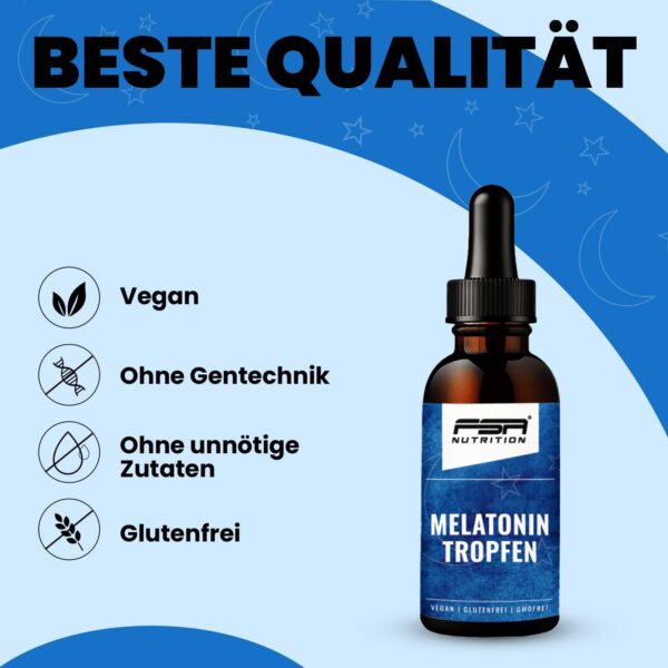 Melatonin Tropfen 50 ml - 0,5 mg bioaktives Melatonin pro Tagesdosis - auf Wasserbasis ohne lästigen Öl-Film im Mund - laborgeprüft - ohne Alkohol - vegan - FSA Nutrition – Bild 3