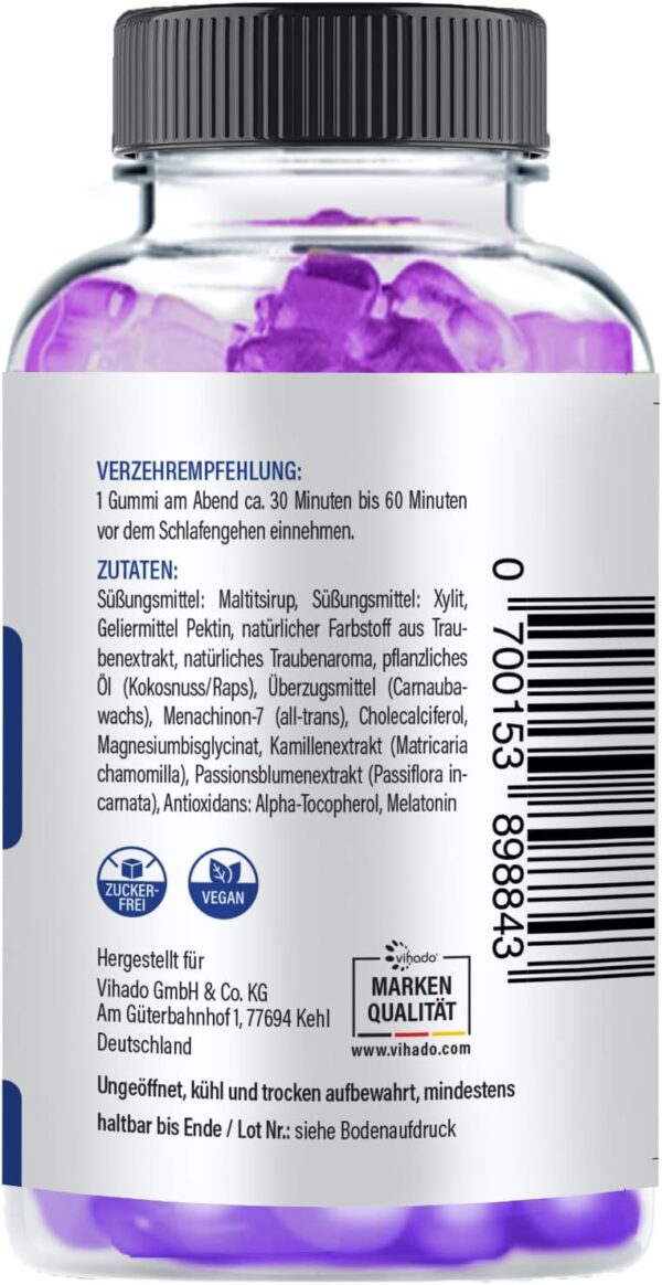 Vihado Melatonin Gummies - so lecker und soft, hochdosiert, zuckerfrei, vegan - besser da mit Vitamin D3, K2, Passionsblume und Kamille, 60 Gummis – Bild 3