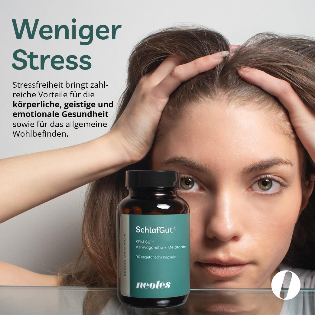 neotes SchlafGut - Ashwagandha + Melatonin 270 Kapseln Hochdosiert 400mg KSM-66™ | Mit Baldrian, GABA & Vitamin B6 | Stressabbau, Schlafverbesserung & Entspannung | Bioverfügbar & Ohne Zusätze – Bild 5