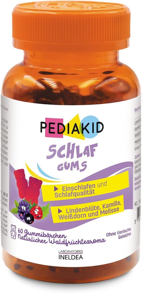 PEDIAKID - Schlaf Gums - Nahrungsergänzungsmittel - Linde, Weißdorn, Kamille & Melisse - Hilft beim Einschlafen - Fördert eine bessere Schlafqualität - Gelatinefrei - 60 Gums