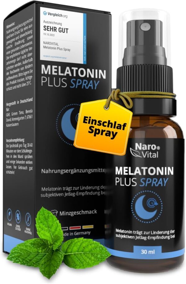 Melatonin Einschlafspray hochdosiert - natürliches Schlafhormon bei Jetlag - Ashwagandha, Passionsblume, Lavendel, Baldrian, Melisse - Alternative zu Tabletten - 30 ml - 0, 5mg Melatonin pro Sprühstoß