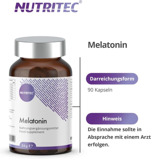 Nutritec Melatonin Kapseln, 90 Stück, 0,5 mg Melatonin pro Kapsel, hochdosiert, mit Lavendel, Passionsblumenkraut, Melissenblätter Pulver, Hopfen, L-Ornithin und L-Tryptophan – Bild 3
