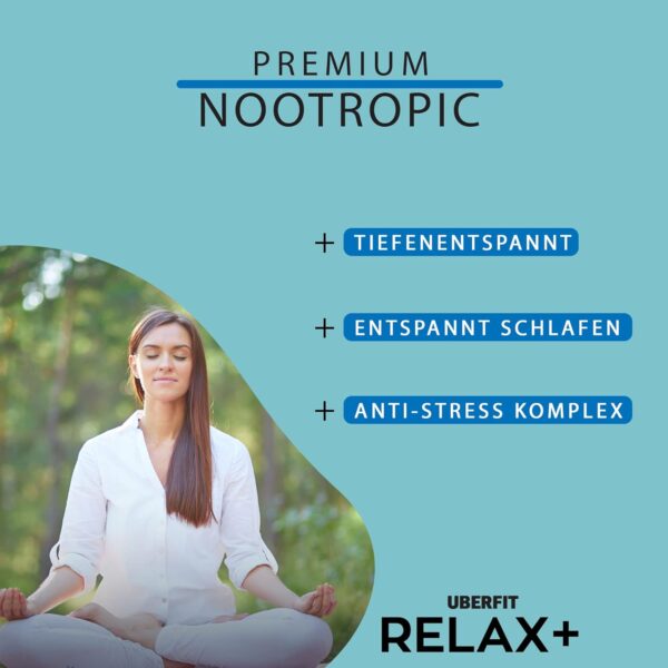 UberFit® RELAX+ Premium Unterstützung für Ruhe & Entspannung - Hochdosiert mit Baldrian, Ashwagandha, Lavendel, Passionsblume, Melisse, Hopfen, Tryptophan, Vitamin B6, Melatonin (90 vegane Kapseln) – Bild 2