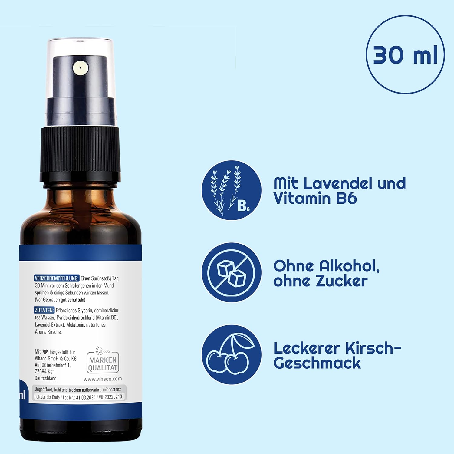 Vihado Melatonin Spray - Premium: Bis zu 5-fach höher dosiert - 180 Tage Vorrat - Melatonin Spray hochdosiert mit Lavendel ohne Alkohol - vegan, 30 ml – Bild 3