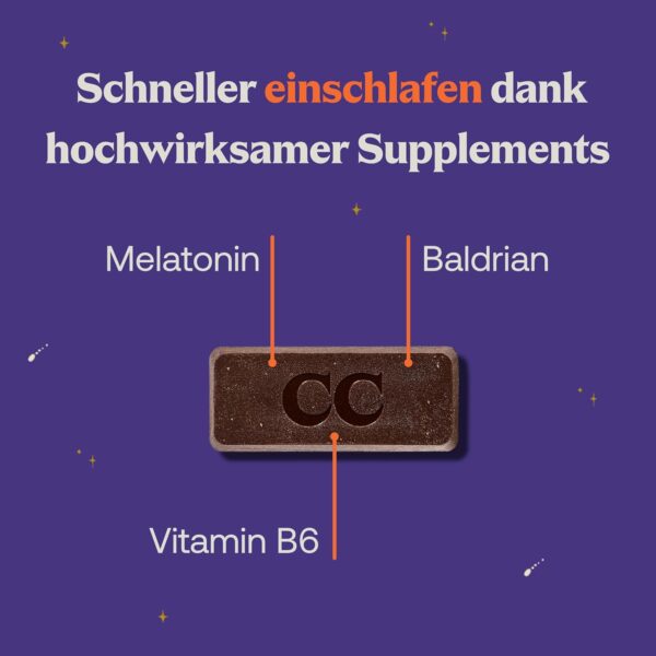 Sleep Chocolate mit Melatonin + Baldrian für verkürzte Einschlafzeit - Zuckerfrei - Wirksamere Alternative zu Melatonin Sprays/Gummies 0,5 mg - Hochdosiert - Vegan - Made in Germany - Clever Chocolate – Bild 3