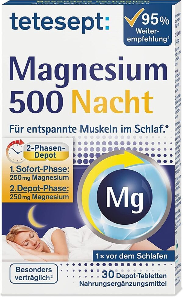 tetesept Magnesium 500 Nacht - Nahrungsergänzungsmittel mit hochdosiertem Magnesium - entspannte Muskeln im Schlaf mit Magnesium Tabletten - 5 x 30 Tabletten