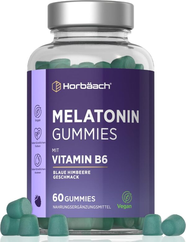 Melatonin Gummies mit Vitamin B6 | Hochdosiert Melatonin | 2 Monate Vorrat - 60 Gummibärchen | Horbaach