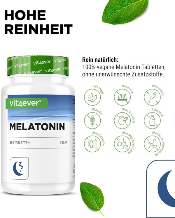Melatonin - 365 Tabletten - 0,5 mg pro Tagesdosis (1/2 Tablette) - Laborgeprüft - Ohne unerwünschte Zusätze - Hochdosiert - Vegan – Bild 4