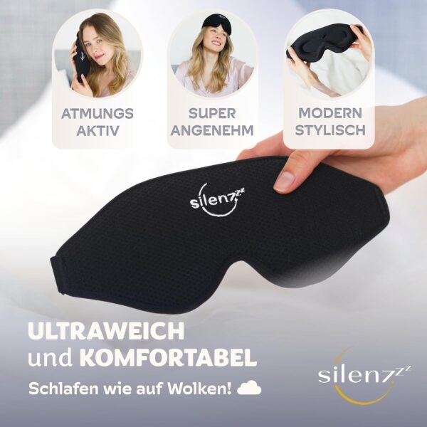 SILENZZZ® Premium Schlafmaske - 3D Augenmaske für Frauen & Herren - Schlafbrille bequem gepolstert für absolute Dunkelheit - Sleep-Mask, Schlaf-Maske schwarz – Bild 5