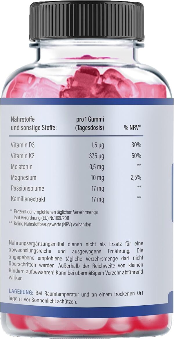 Vihado Melatonin Gummies - so lecker und soft, hochdosiert, ohne Zuckerzusatz, vegan - besser da mit Vitamin D3, K2, Passionsblume und Kamille, 60 Gummis – Bild 2