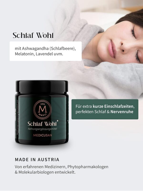 Medicusan Schlaf Wohl – 400mg Lavendel – 700mg Zitronenmelisse – 525mg Rosmarin – 200mg Ashwagandha / Schlafbeere– Melatonin – 1 Kapsel/Tag – 30 Kapseln/30 Tage – Bild 2