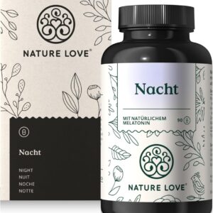 NATURE LOVE® Nacht - 90 Kapseln - mit natürlichem Melatonin, Ashwagandha, Baldrian, Lavendel und Zitronenmelisse - 0,5mg Melatonin pro Kapsel - laborgeprüft und in Deutschland hergestellt