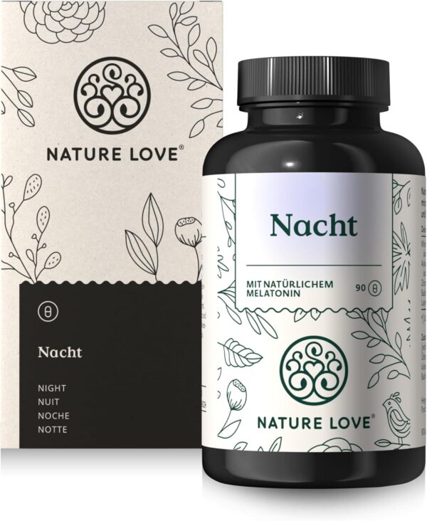 NATURE LOVE® Nacht - 90 Kapseln - mit natürlichem Melatonin, Ashwagandha, Baldrian, Lavendel und Zitronenmelisse - 0,5mg Melatonin pro Kapsel - laborgeprüft und in Deutschland hergestellt
