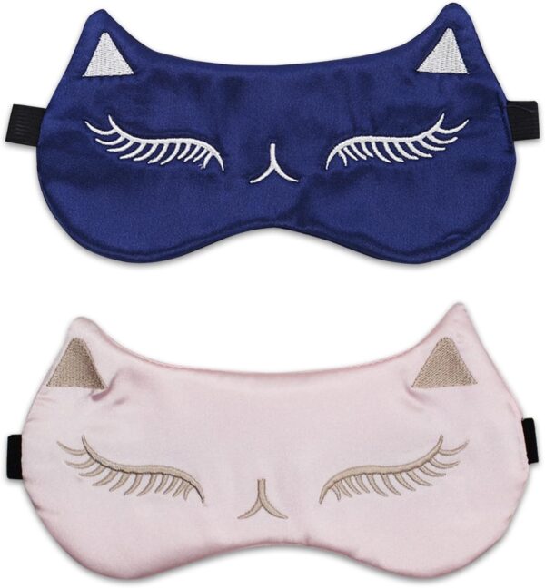 2 Stücke Augenmaske für Schlafen, Verstellbare Seide Schlafmaske für Frauen und Kinder Soft Augen-Abdeckung Cartoon Katzen Herren Schlafbrille (Cyan, Rosa)