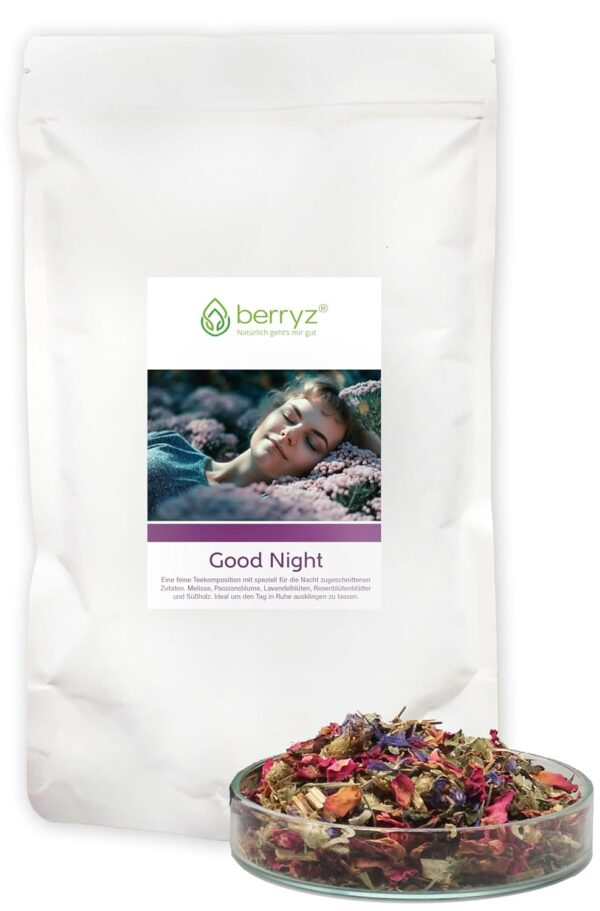 Gute-Nacht Tee mit Melisse, Passionsblume, Lavendel, Rosenblüten, Süßholz | Speziell für die Nacht zugeschnittene Zutaten