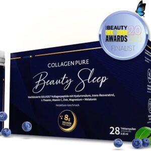 Collagen 8000mg + Melatonin - Hochdosiert Kollagen Trinkampullen - Magnesium Vitamin C Zink Hyaluronsäure L Theanin Resveratrol - 28 Trinkampullen 1 Monat Vorrat - Blaubeergeschmack - MEDIAKOS