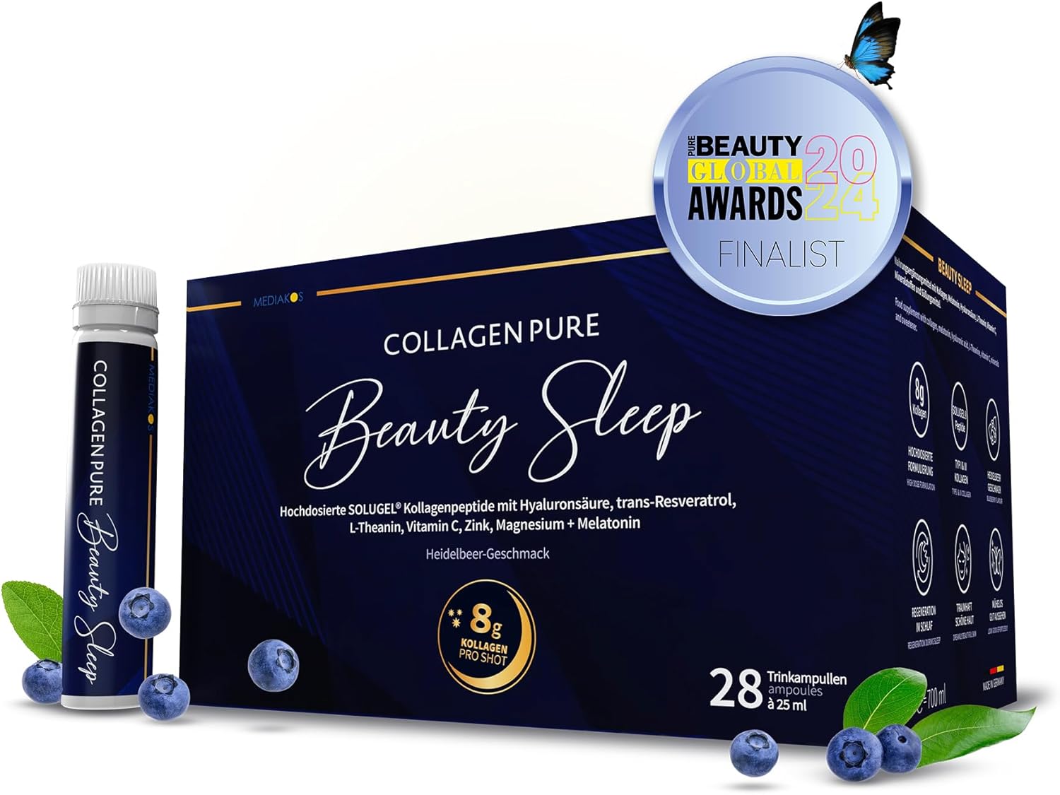 Collagen 8000mg + Melatonin - Hochdosiert Kollagen Trinkampullen - Magnesium Vitamin C Zink Hyaluronsäure L Theanin Resveratrol - 28 Trinkampullen 1 Monat Vorrat - Blaubeergeschmack - MEDIAKOS