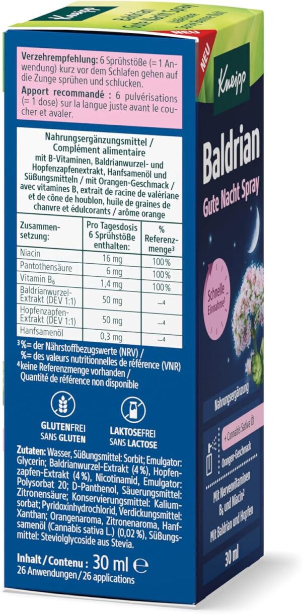 Kneipp Baldrian Gute Nacht Spray - mit Cannabis Sativa Öl - Orangen-Geschmack - 30ml – Bild 3