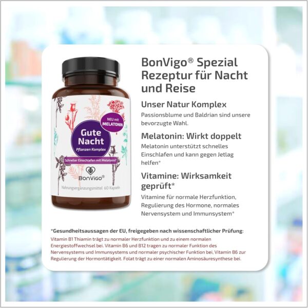 BonVigo® Gute Nacht Kapseln - Jetzt verbessert: Schneller einschlafen mit Melatonin* - Wertvolle Pflanzen-Extrakte Passionsblume und Baldrian - B-Vitamine für Nerven, Herz, Hormone – Bild 2
